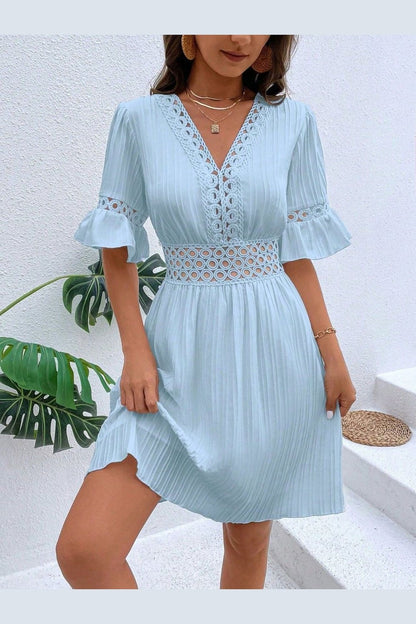 Cutout V-Neck Flounce Sleeve Mini Dress - Casual & Maxi Dresses - FITGGINS