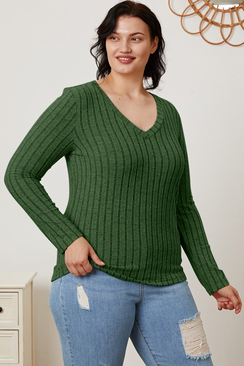 Basic Bae Full Size Ribbed V-Neck Long Sleeve T-Shirt - T-Shirts - FITGGINS