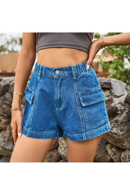 High-Waist Denim Shorts with Pockets - Denim Shorts - FITGGINS