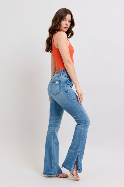 Judy Blue HW Tummy Control Vintage Wash Side Slit Slim Boot Jeans - Jeans - FITGGINS