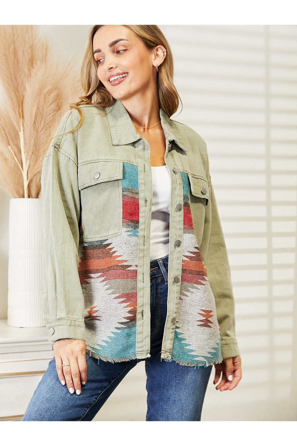 Dropped Shoulder Long Sleeve Printed Denim Jacket - Denim Jackets - FITGGINS