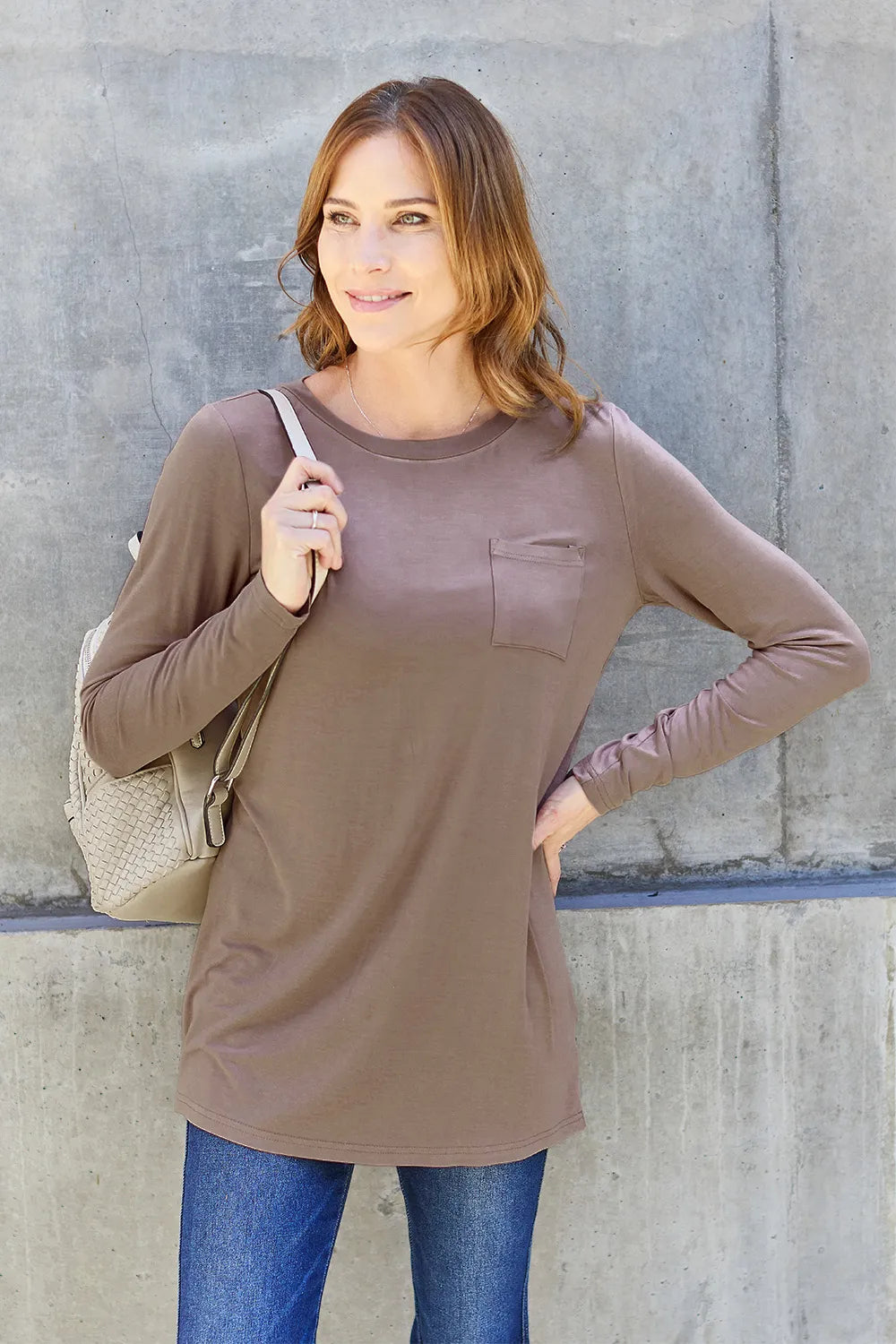 Basic Bae Full Size Round Neck Long Sleeve Top Mocha Fitggins