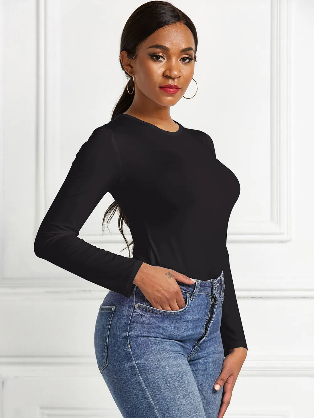 Round Neck Long Sleeve Bodysuit Fitggins