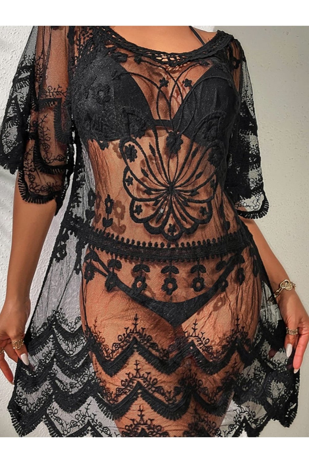 Lace Round Neck Half Sleeve Cover-Up - Cover-Ups - FITGGINS