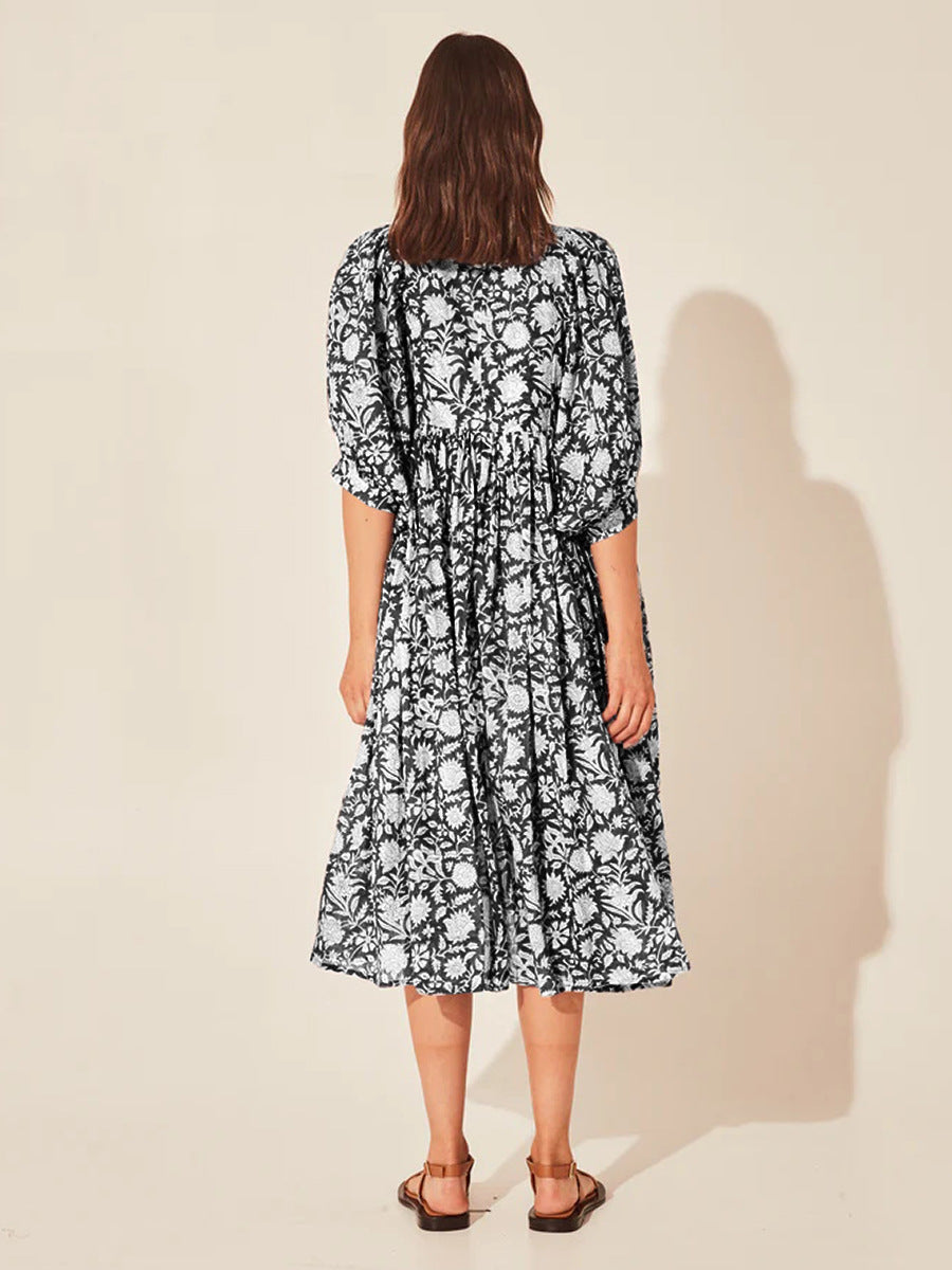Floral Tie Neck Lantern Sleeve Dress Fitggins