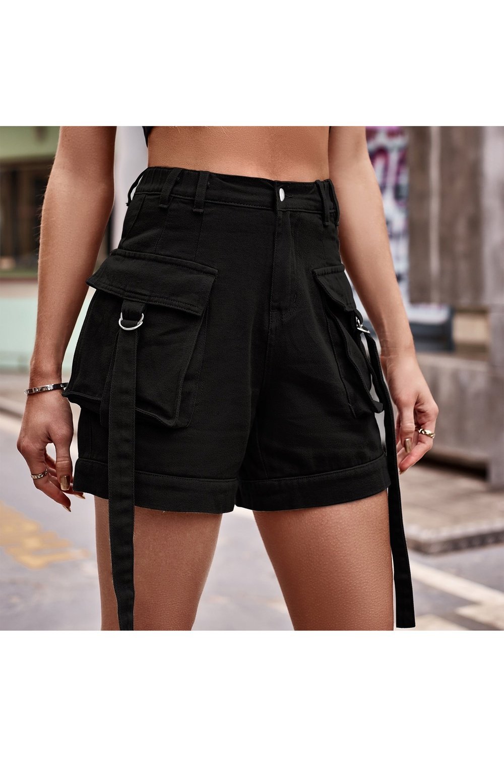 High Waist Denim Cargo Shorts - Denim Shorts - FITGGINS