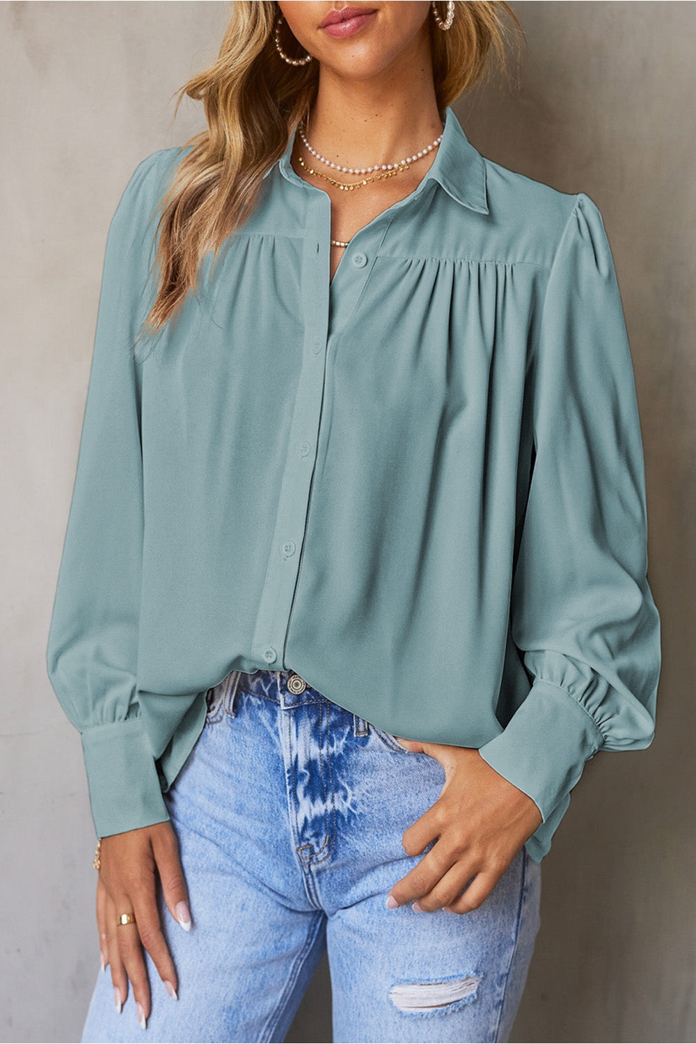 Gathered Detail Puff Sleeve Shirt - Shirts - FITGGINS