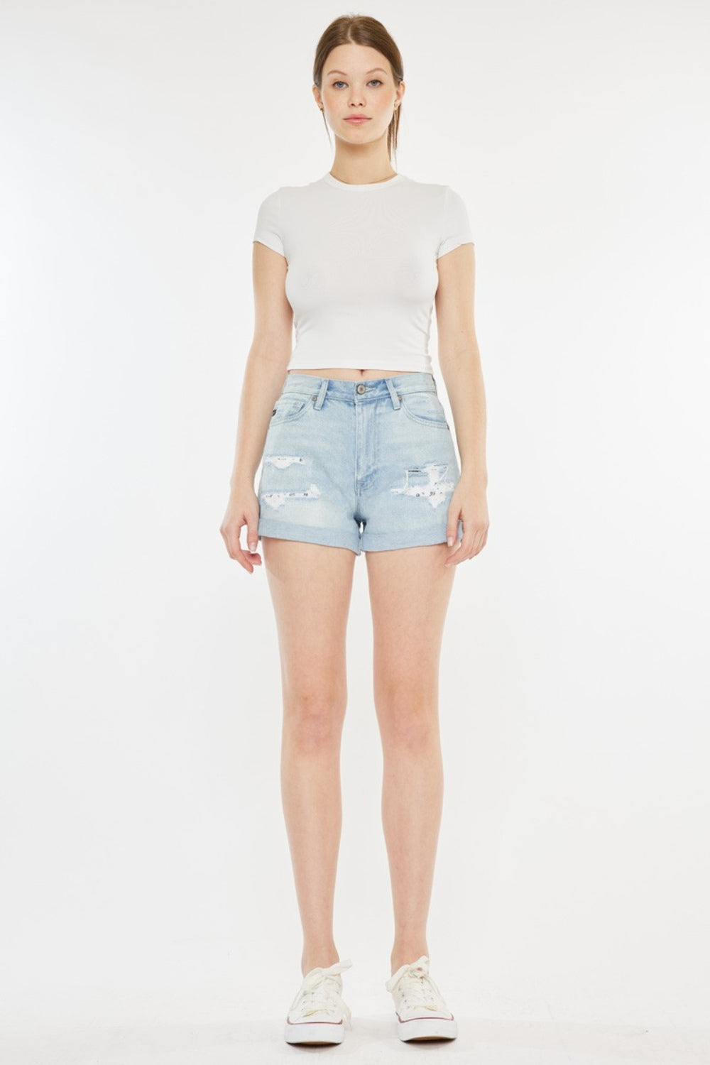 Kancan High Rise Repaired Mom Denim Shorts - Denim Shorts - FITGGINS