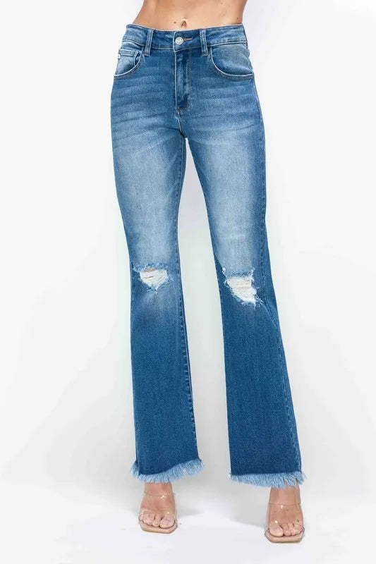 bytos Full Size Raw Hem Distressed High Rise Bootcut Jeans Fitggins