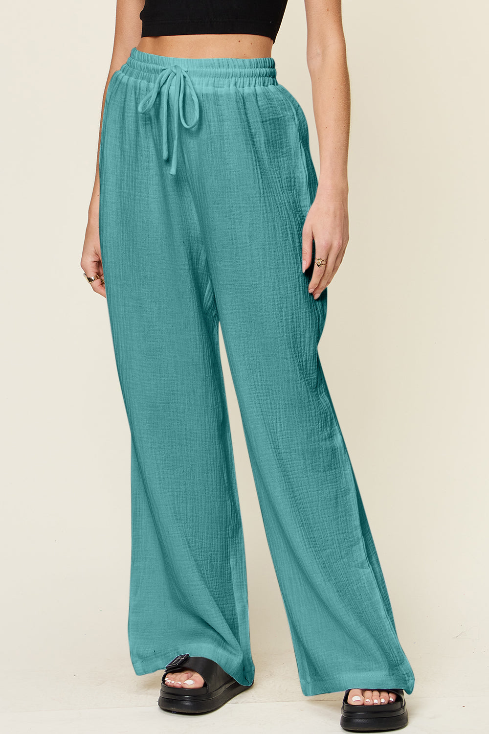 Double Take Full Size Texture Drawstring Wide Leg Pants - Pants - FITGGINS