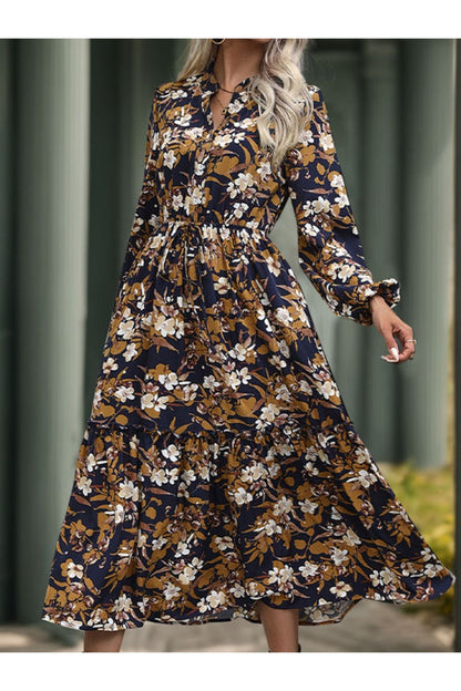 Perfee Printed Notched Long Sleeve Midi Dress - Casual & Maxi Dresses - FITGGINS