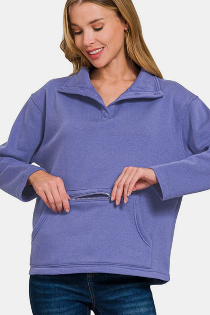 Zenana Turtleneck Half Snap Fleece Sweatshirt - Sweatshirts & Hoodies - FITGGINS