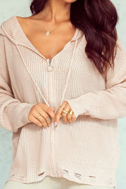 Distressed Zip Up Drawstring Hooded Cardigan Fitggins