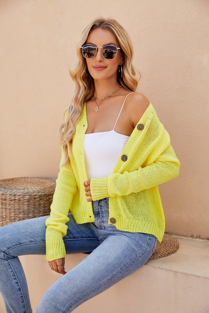 Raglan Sleeve Button Front Cardigan Yellow Fitggins