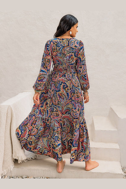 Printed Tie Neck Long Sleeve Midi Dress - Casual & Maxi Dresses - FITGGINS