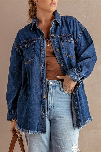 Button Up Pocketed Raw Hem Denim Jacket - Denim Jackets - FITGGINS