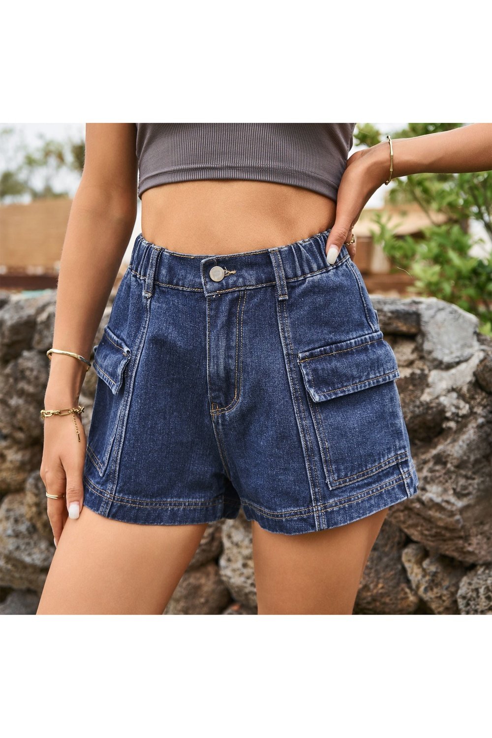 High-Waist Denim Shorts with Pockets - Denim Shorts - FITGGINS