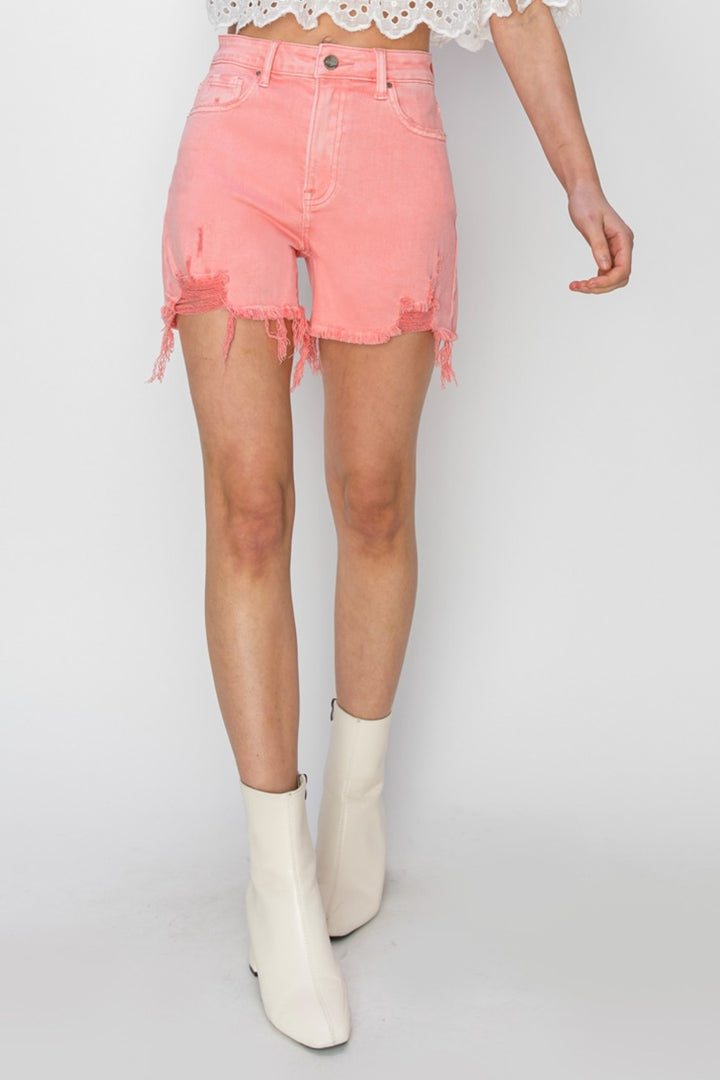 RISEN High Rise Distressed Denim Shorts - Denim Shorts - FITGGINS