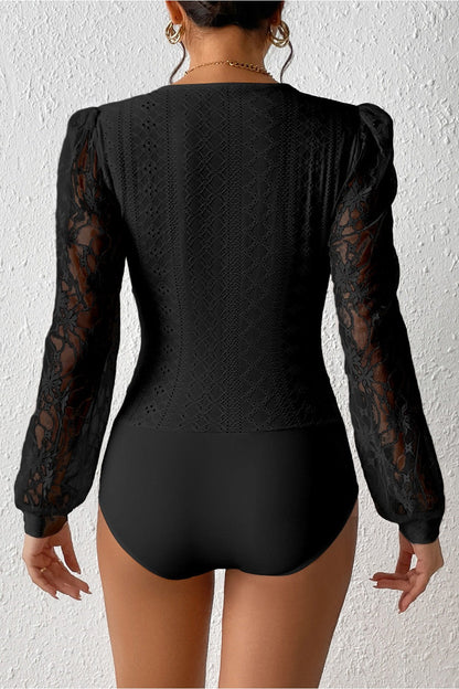 Eyelet Lace Long Sleeve Bodysuit - Bodysuit - FITGGINS