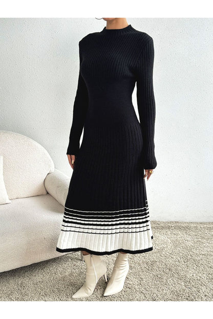 Contrast Mock Neck Long Sleeve Sweater Dress - Sweater Dresses - FITGGINS