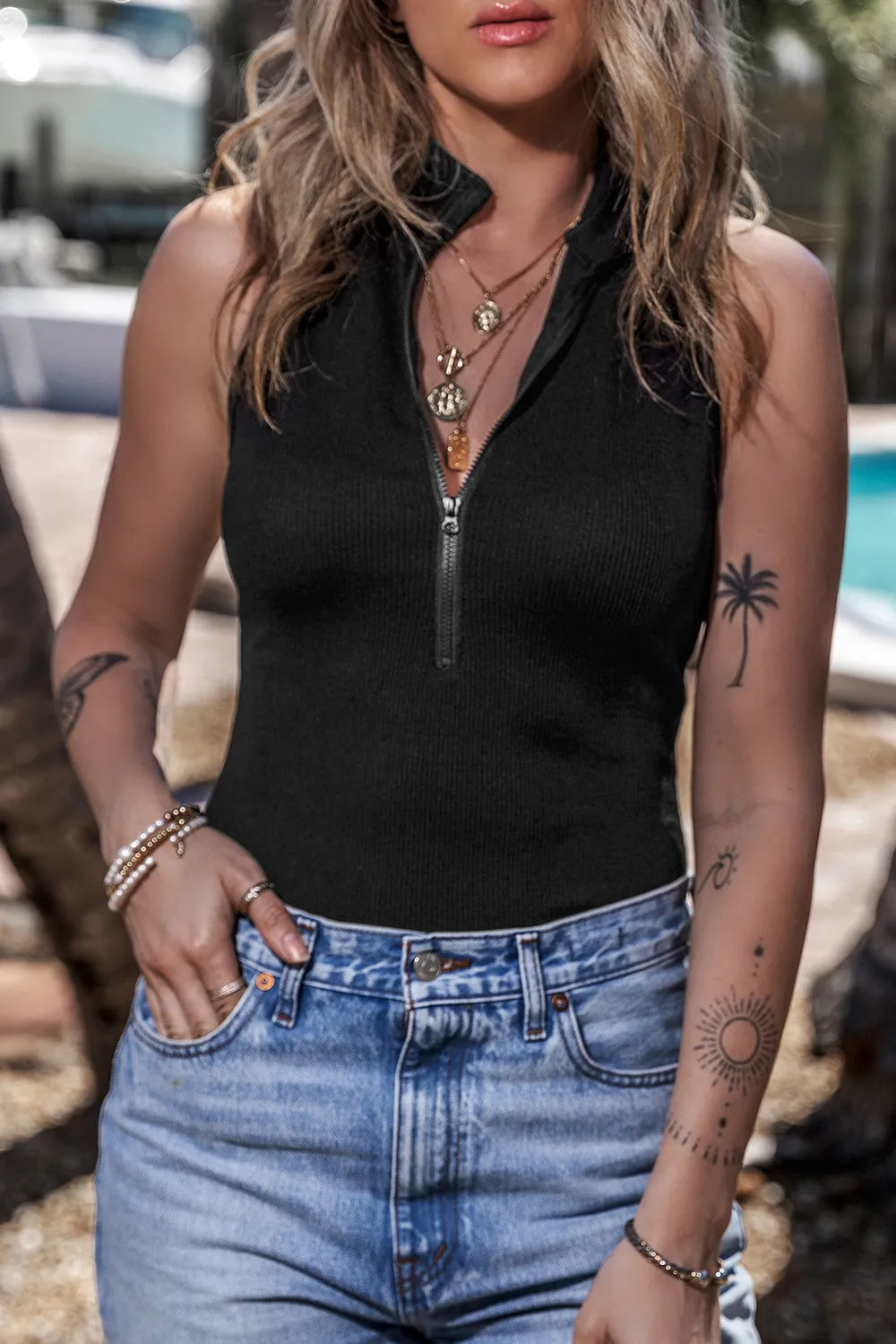 Zip Up Mock Neck Sleeveless Bodysuit Black Fitggins