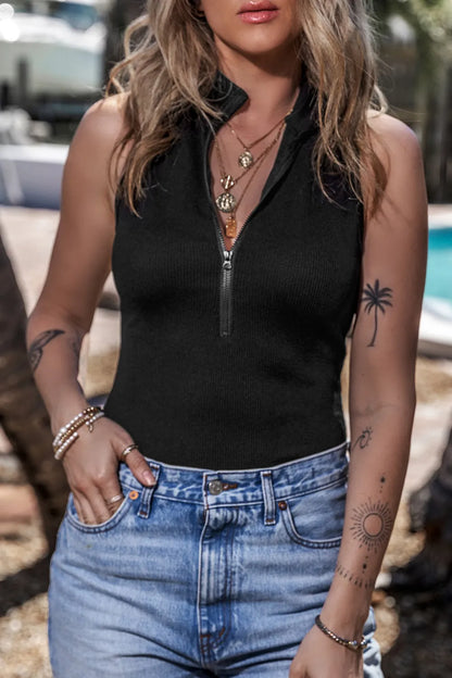 Zip Up Mock Neck Sleeveless Bodysuit Black Fitggins