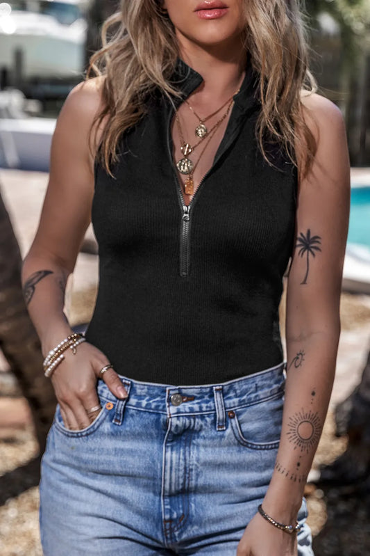 Zip Up Mock Neck Sleeveless Bodysuit Black Fitggins