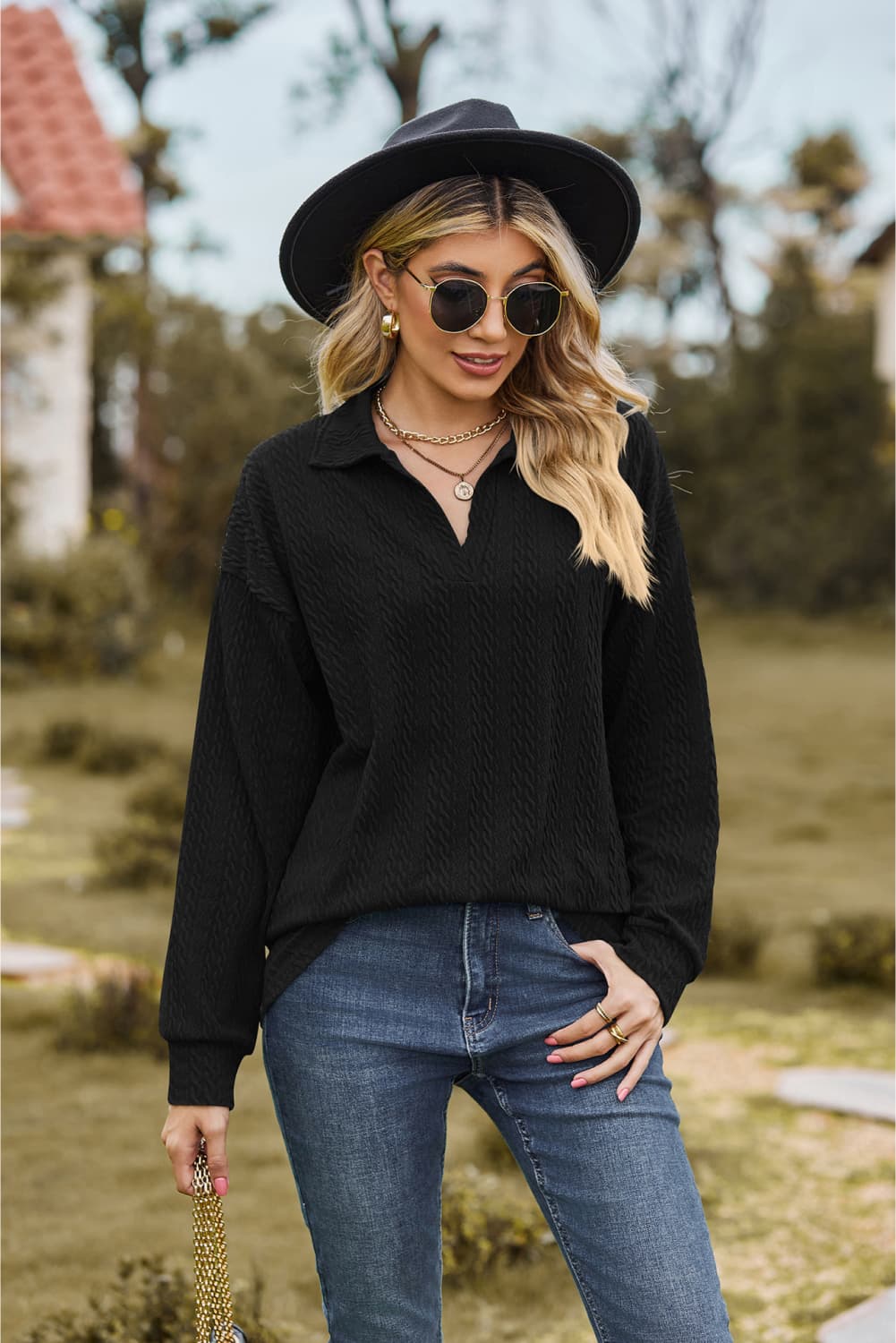 Collared Neck Cable-Knit Long Sleeve Blouse Black Fitggins