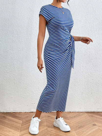 Honey Tied Striped Round Neck Short Sleeve Tee Dress Fitggins