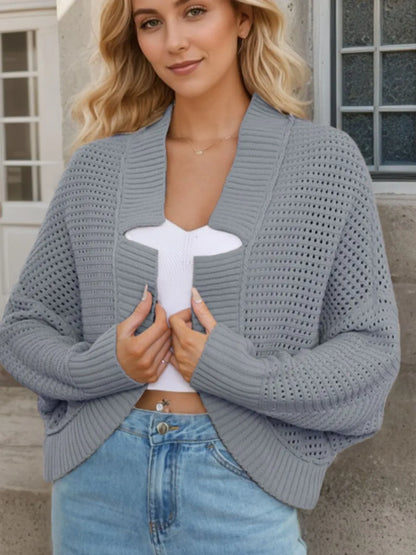 Openwork Open Front Long Sleeve Cardigan Dark Gray Fitggins