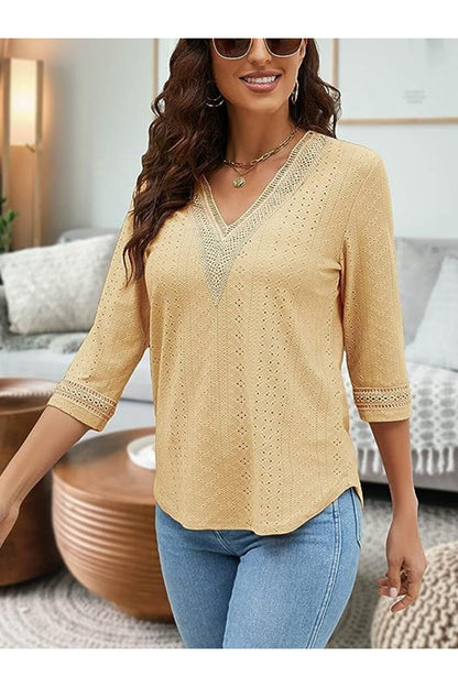 V-Neck Eyelet Blouse - Blouses - FITGGINS