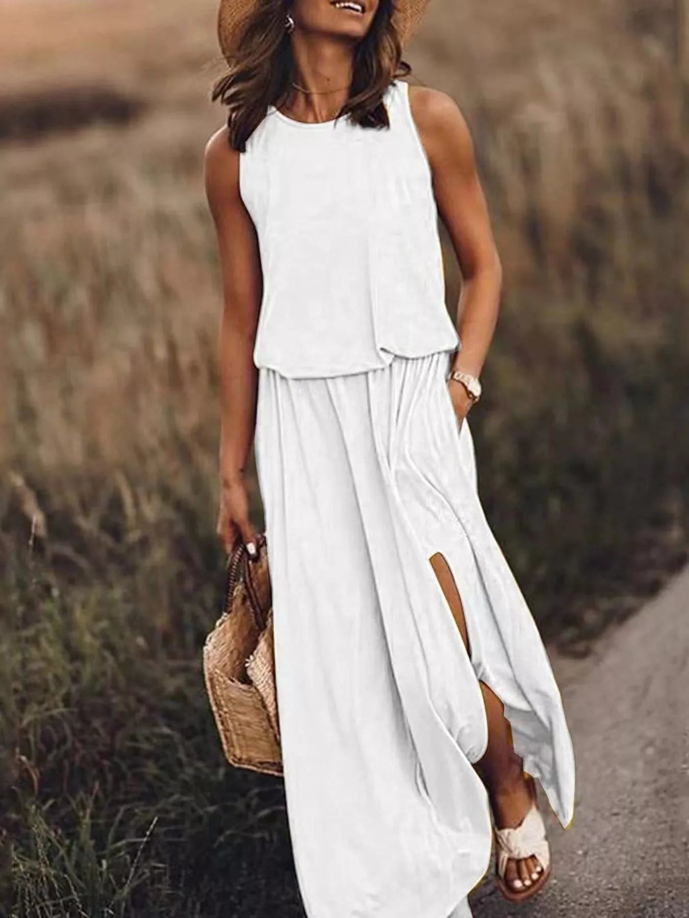 Full Size Round Neck Sleeveless Slit Maxi Dress Plus Size White Fitggins