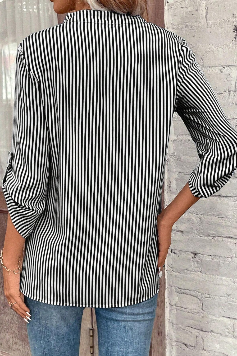 Striped Notched Roll-Tab Sleeve Shirt - Shirts - FITGGINS