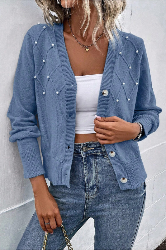 Pearl Trim Button Up Cardigan - Cardigans - FITGGINS