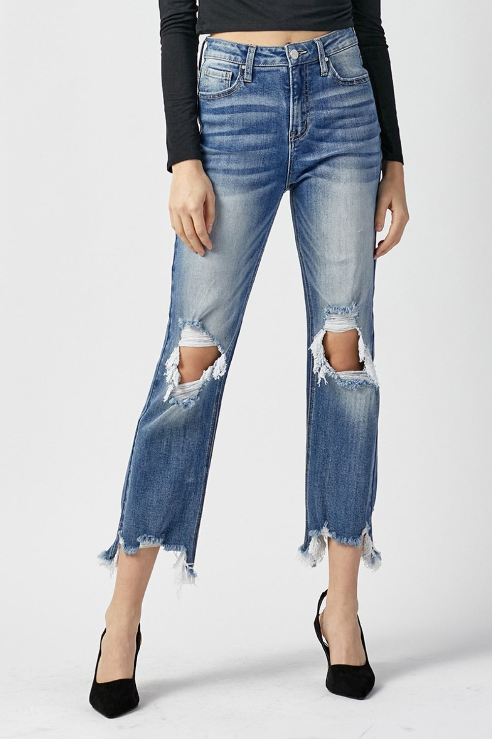 RISEN High Waist Distressed Frayed Hem Cropped Straight Jeans - Jeans - FITGGINS