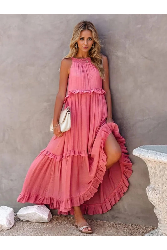 Ruffled Sleeveless Tiered Maxi Dress with Pockets - Casual & Maxi Dresses - FITGGINS