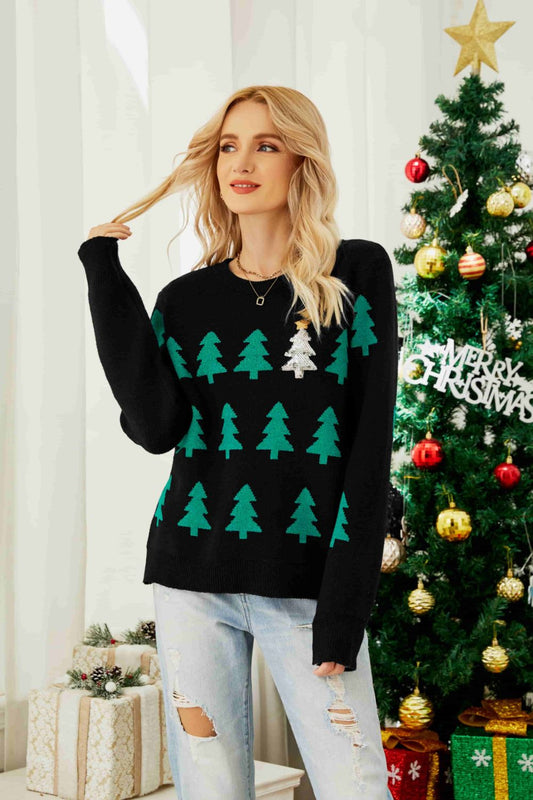 Christmas Tree Round Neck Ribbed Trim Sweater - Pullover Sweaters - FITGGINS