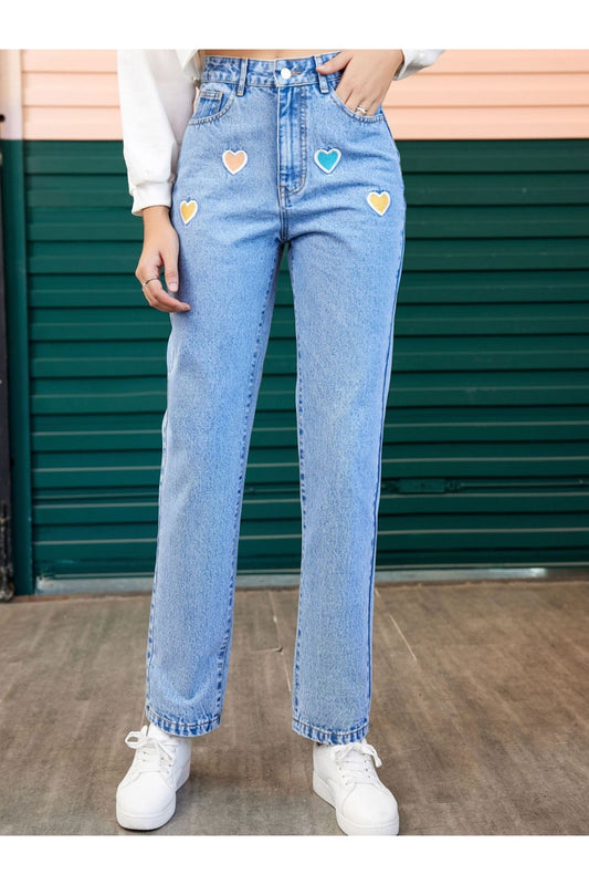 Heart Straight Leg Jeans with Pockets - Jeans - FITGGINS