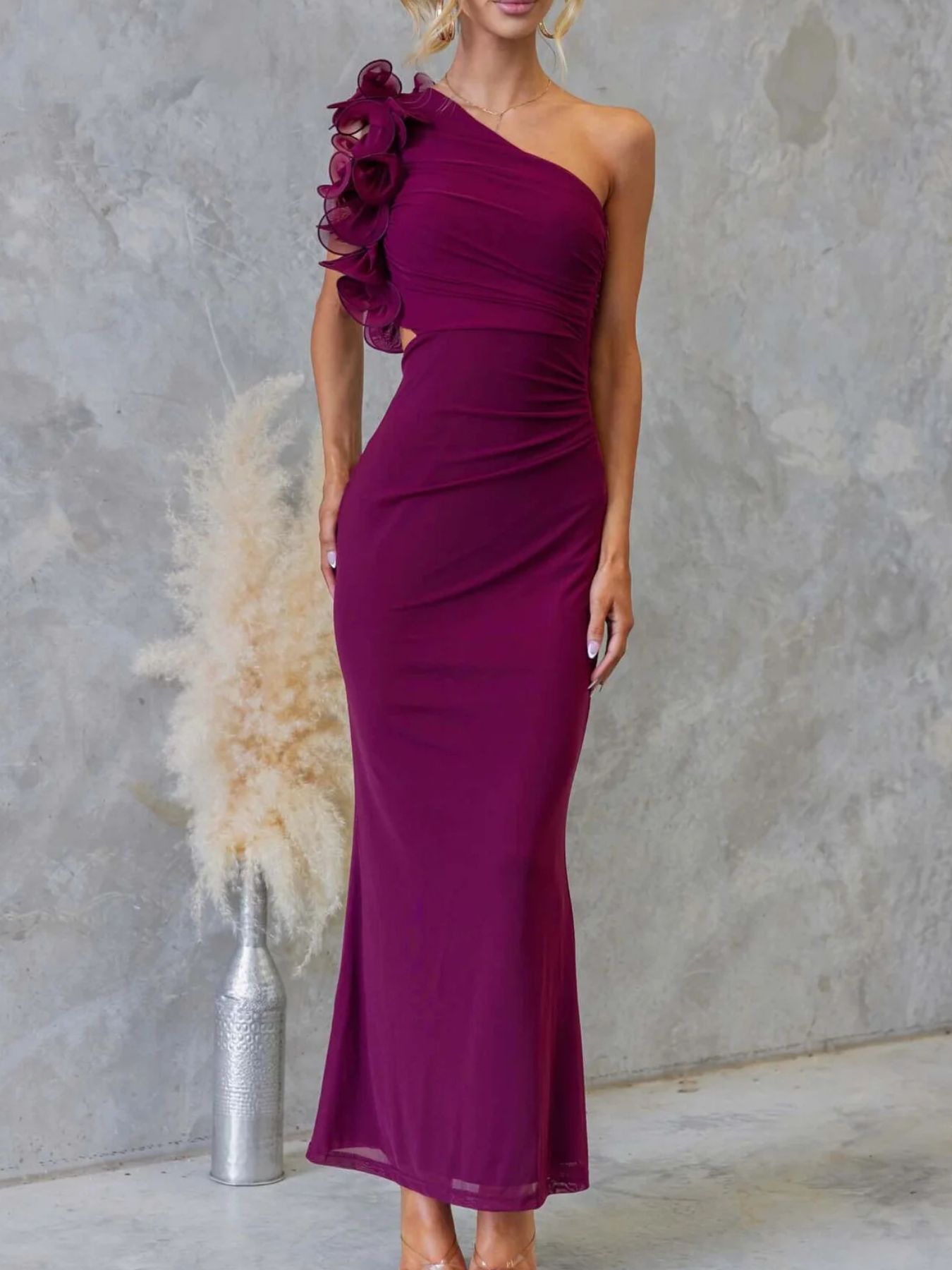 One-Shoulder Floral Trim Sleeveless Maxi Dress Lavender Fitggins