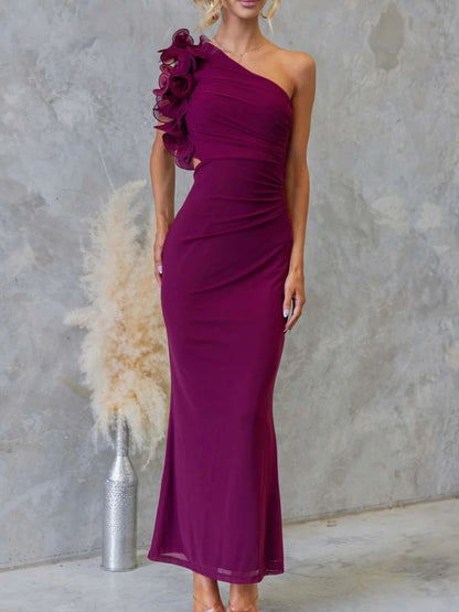 One-Shoulder Floral Trim Sleeveless Maxi Dress Lavender Fitggins