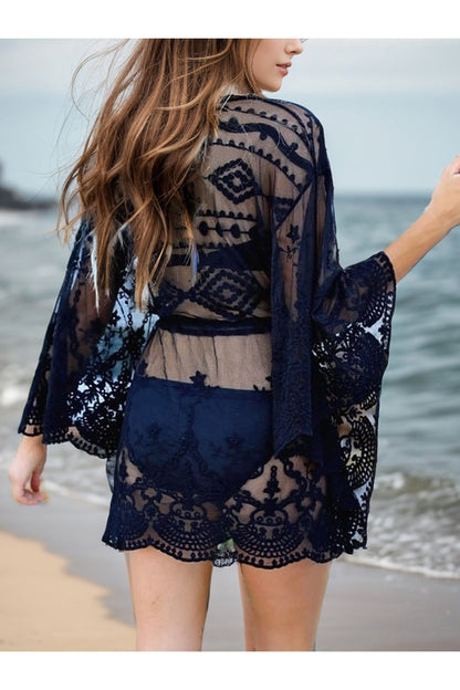 Lace V-Neck Three-Quarter Sleeve Cover Up - Cover-Ups - FITGGINS