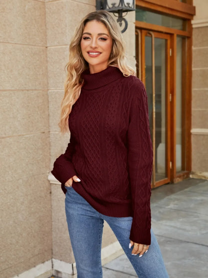 Cable-Knit Mock Neck Sweater Wine Fitggins