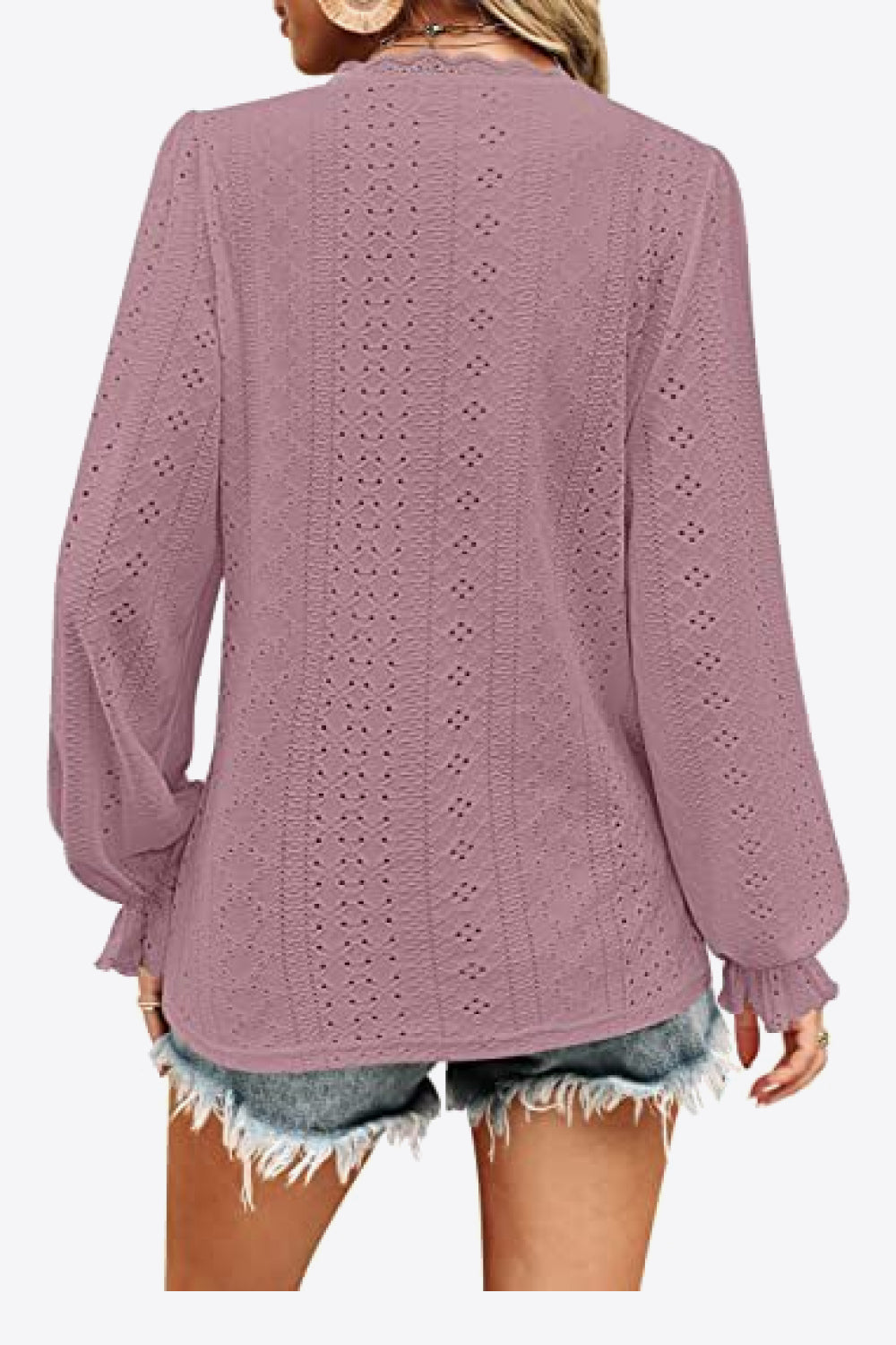Eyelet V-Neck Flounce Sleeve Blouse Fitggins