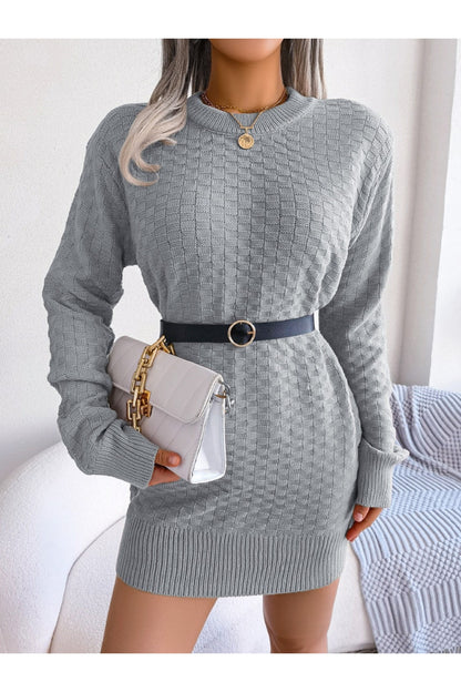 Round Neck Long Sleeve Mini Sweater Dress - Sweater Dresses - FITGGINS