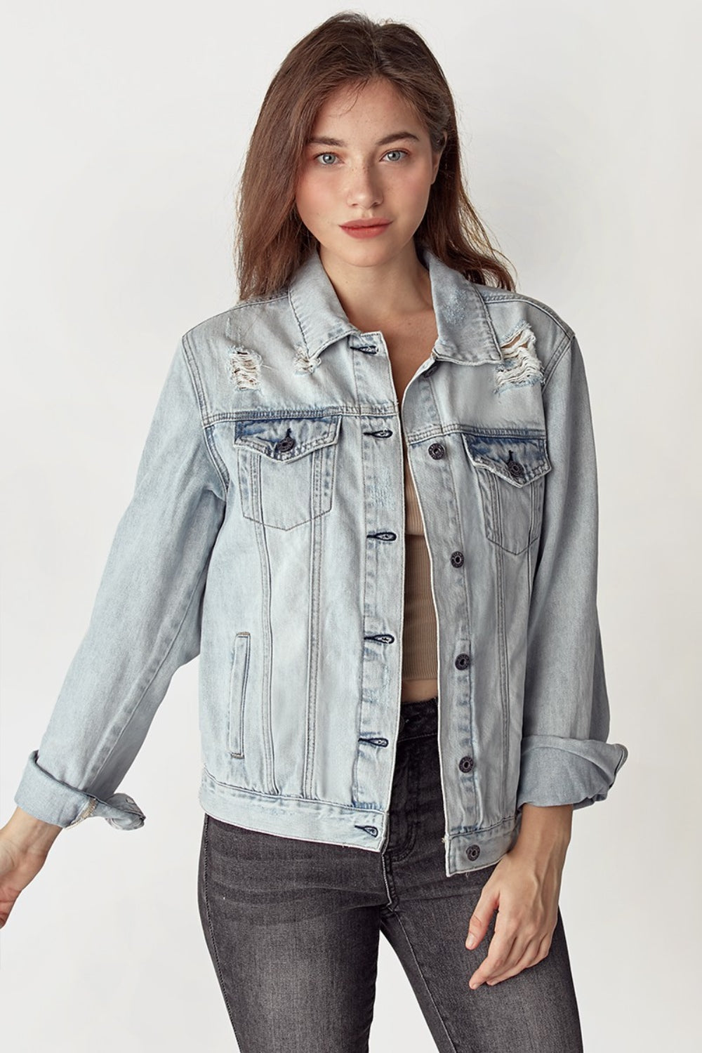 RISEN Distressed Button Up Jacket - Denim Jackets - FITGGINS