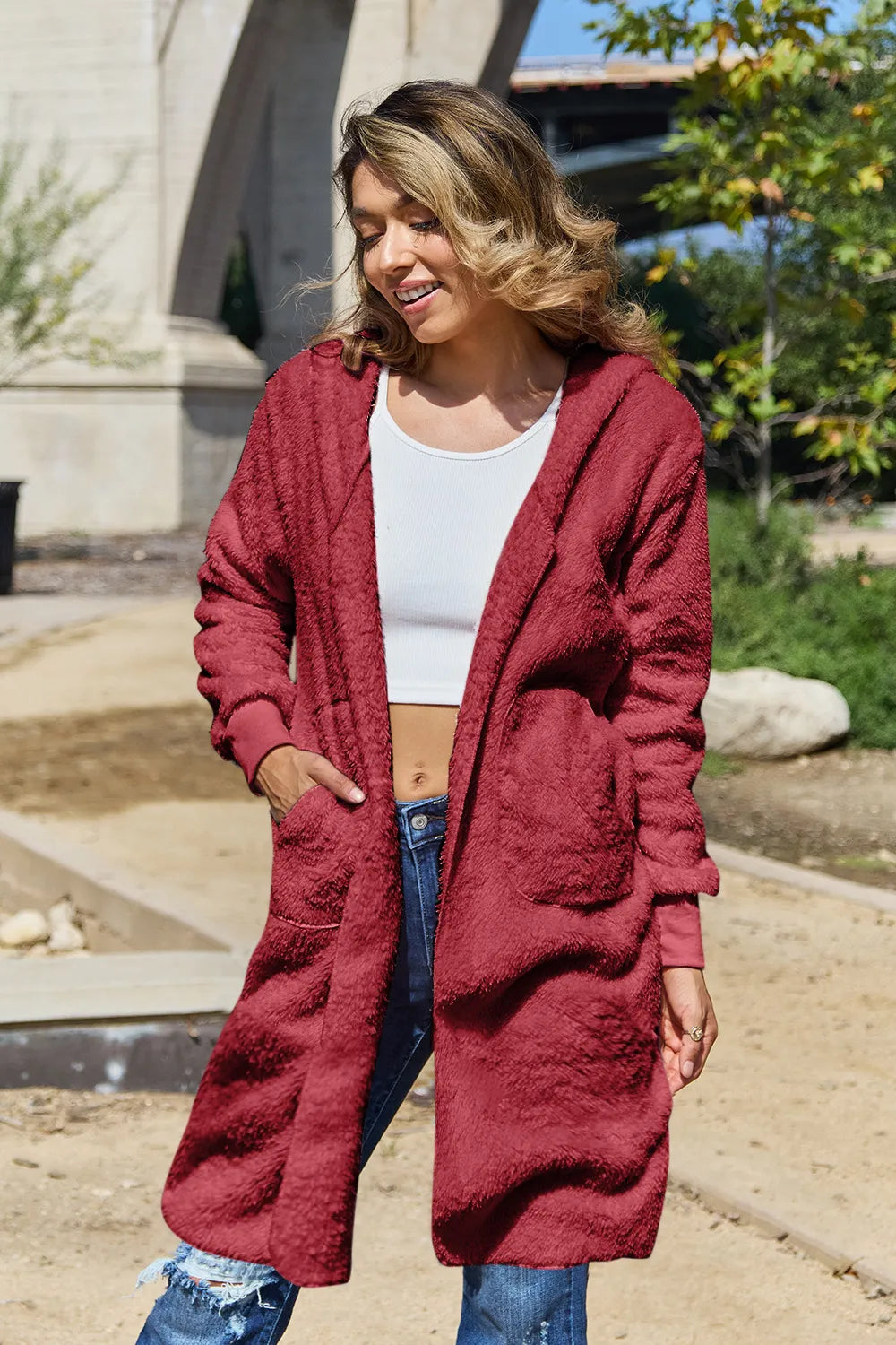 Double Take Full Size Hooded Teddy Bear Jacket with Thumbholes Deep Red Fitggins