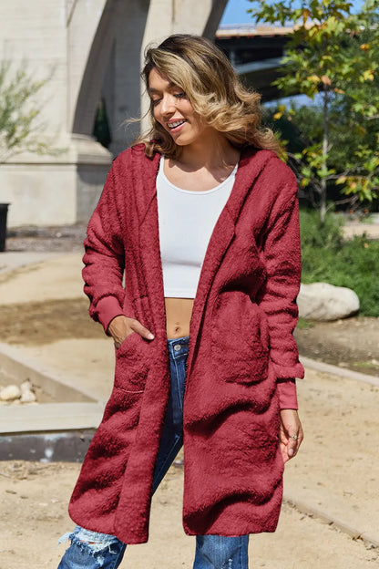 Double Take Full Size Hooded Teddy Bear Jacket with Thumbholes Deep Red Fitggins