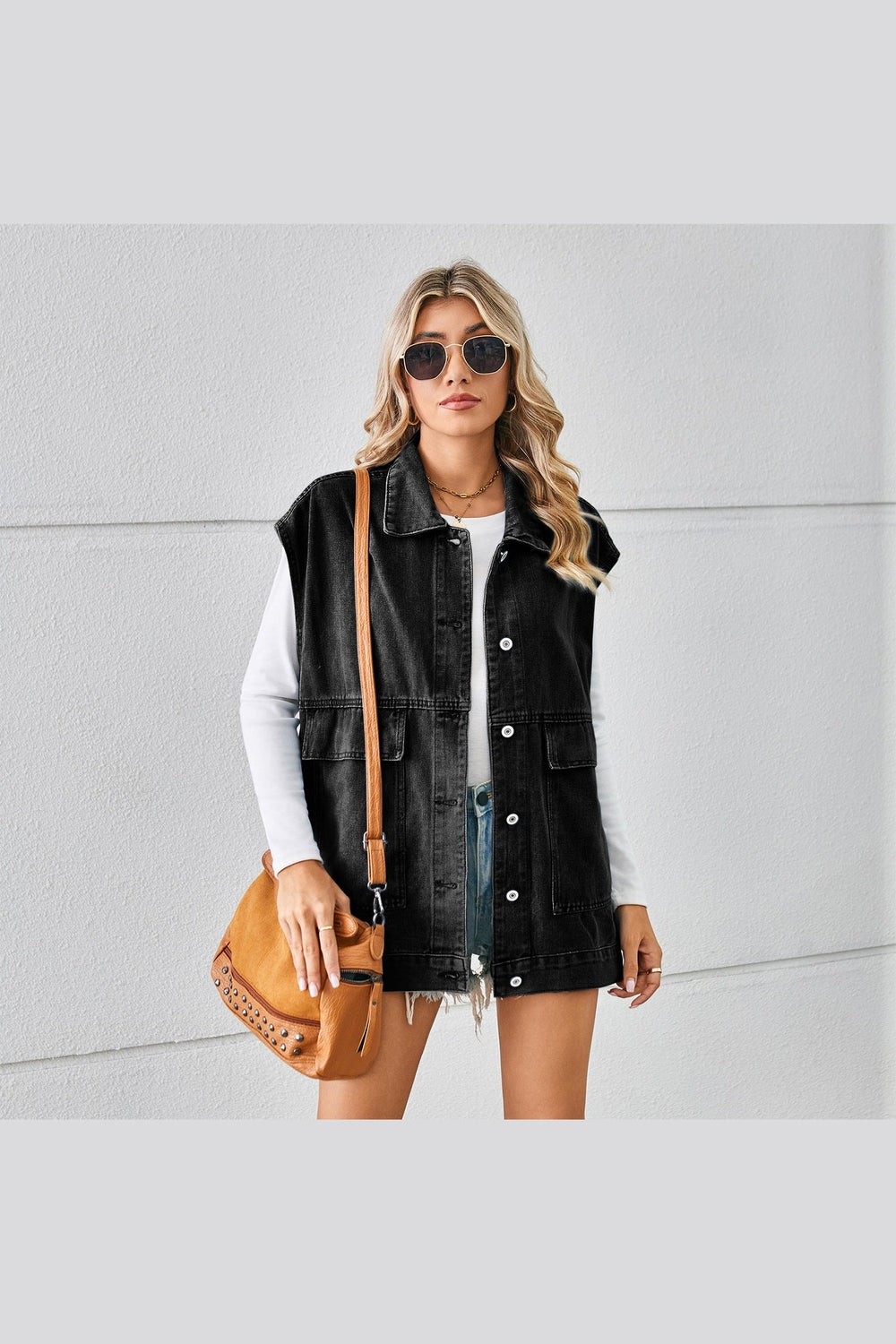 Pocketed Button Up Sleeveless Denim Jacket - Denim Jackets - FITGGINS