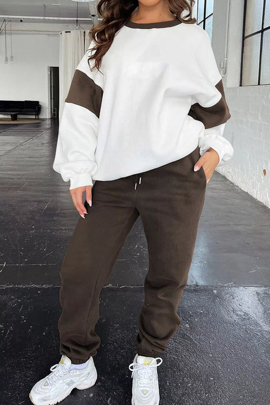 Drop Shoulder Loose Sweatshirt and Joggers Active Set Chocolate Fitggins