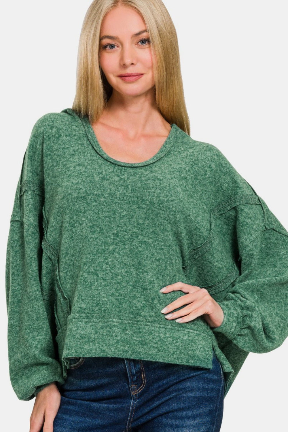 Zenana Brushed Hacci Exposed Seam Hoodie - Sweatshirts & Hoodies - FITGGINS